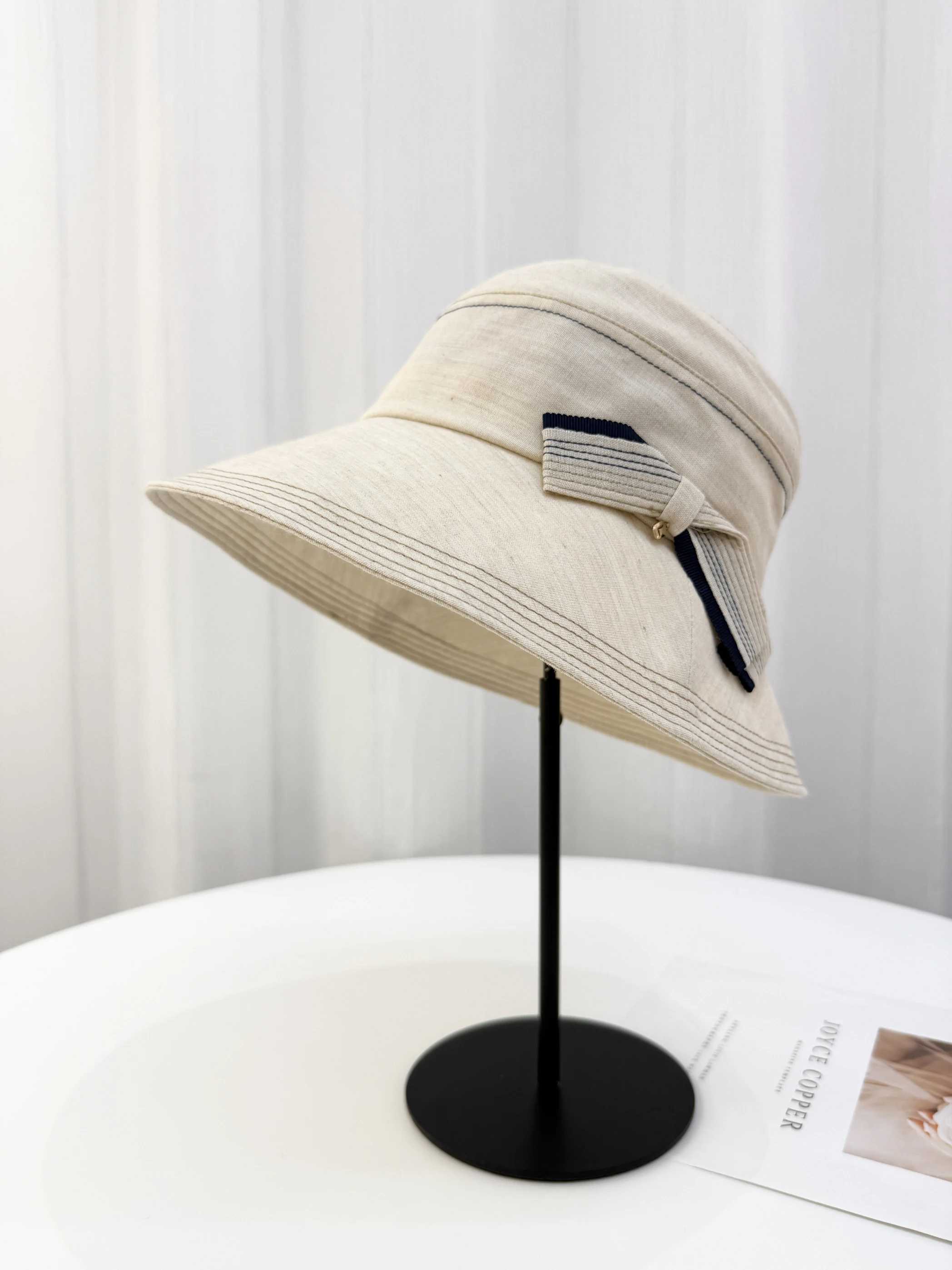 女性用釣り帽子-バタフライノット-夏用日よけ-大きなつば-丸型トップ-カジュアルリネンキャップ-レトロ小顔効果-バケットハット