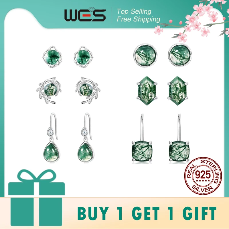 

Женские серьги-гвоздики из стерлингового серебра WES 925, инкрустированные геометрическим рисунком, натуральный уникальный драгоценный камень, мох, агат, подарочная коробка для помолвки, оптовая продажа