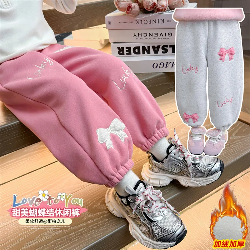 Baby Girls Velvet Pants Kids Bow-Knot Pant Toddler Warm Sports Trousers 2024 Autumn Winter Children's Clothing Casual