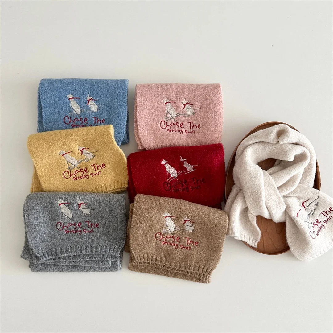 2026 Casual Kids Scarf Winter Bunny Letter Embroidery Scarf for Boys Girls Korean Style Children Neck Wrap
