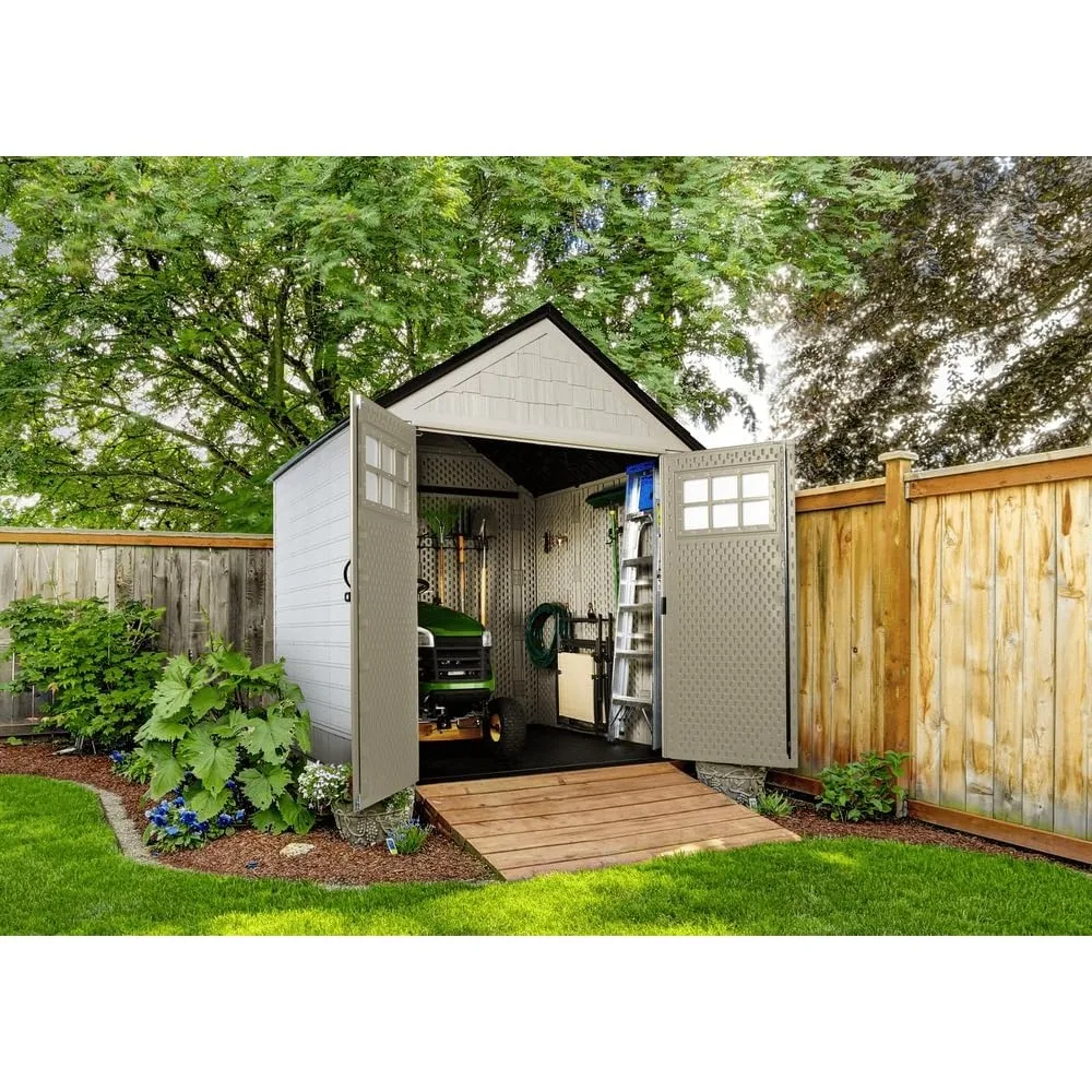 

7ft X 7ft Weatherproof Outdoor Storage Shed for Storing Gardening Tools, with Lockable Double Doors, Sandstone Color