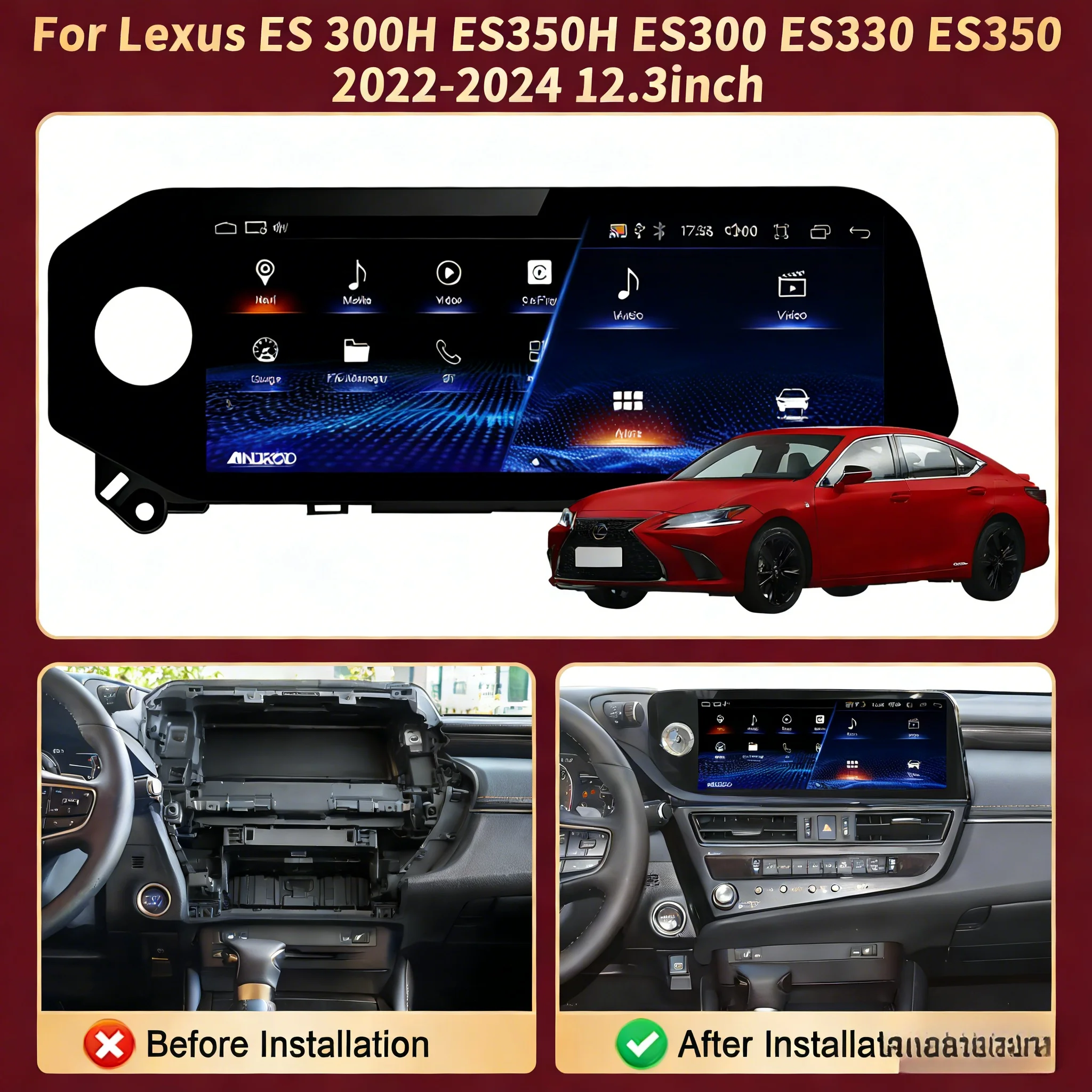12.3inch LHD 2022-2024 For Lexus ES 300H ES350H ES300 ES330 ES350Car Radio Wireless CarPlay Multimedia Snapdragon 685 Screen