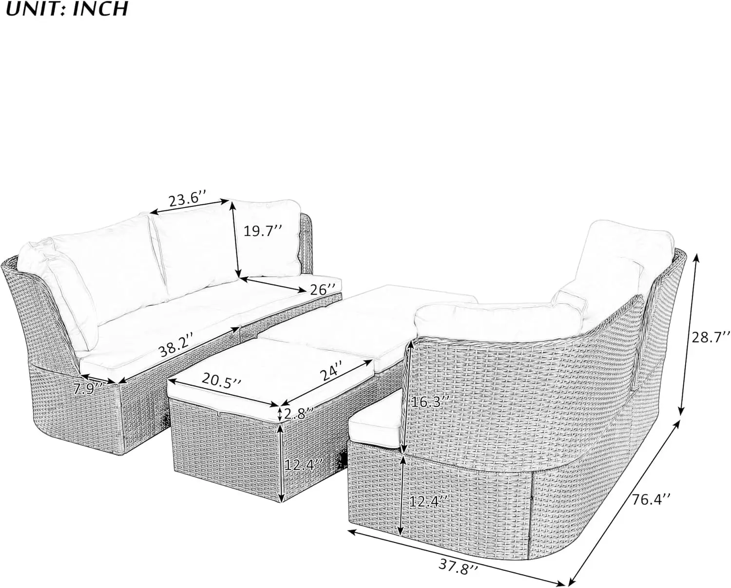 Conjunto de sofá conversível para pátio externo de 5 peças, conjunto de conversa de vime PE para todos os climas com almofadas laváveis