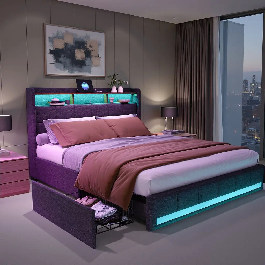 سرير مزدوج مدفوع، 140 × 200 سم، مع 4 أدراج تخزين، إضاءة LED ومنفذ USB، رمادي حديث بسيط، هيكل سرير