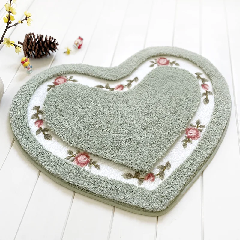 Household Korean-Style Pastoral Style Heart-Shaped Floor Mat Pink Love Plush Non-Slip Water-Absorbent Bathroom Foot Mat Door Mat