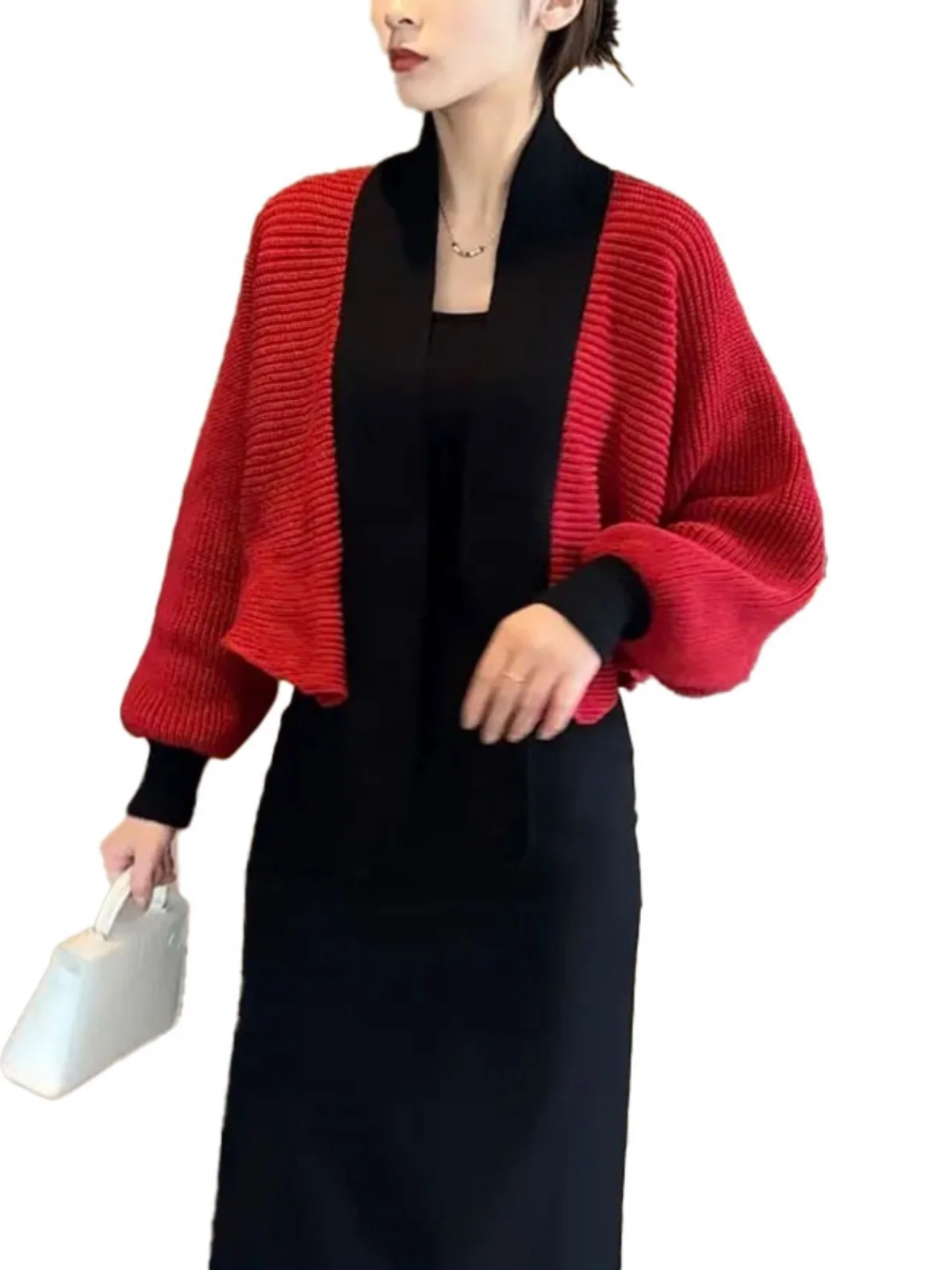 패셔너블한 V넥 배트윙 스타일 니트 오픈 가디건 여성용 가을 겨울 신상 슬리 컬러 블록 스웨터 자켓 드레스