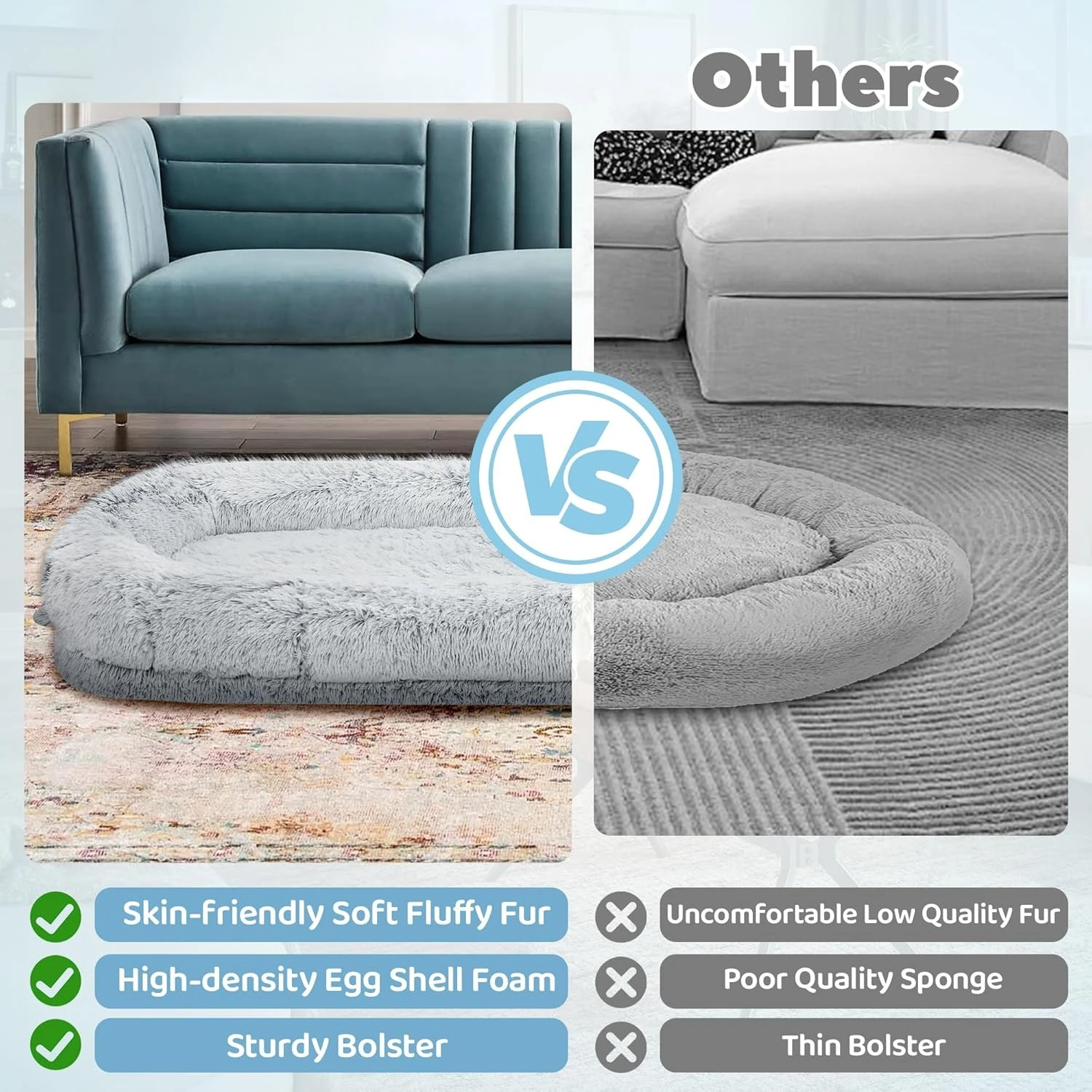 

Human Dog Bed for Adults, 40 x 10 x 71 Long Human Size Dog Bed, Removable Cover, Orthopedic Design, Light Grey