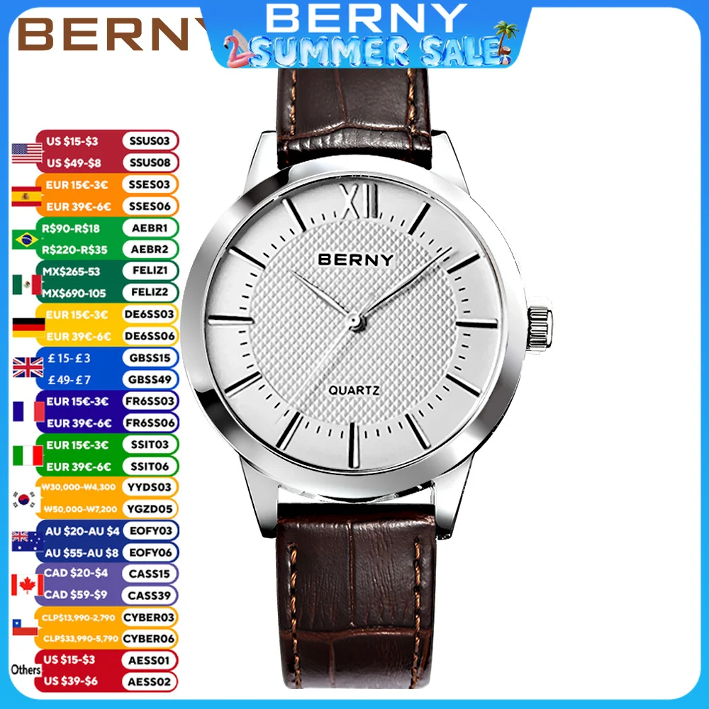 

BERNY Men Quartz Watch Waterproof Miyota 2035 Movement Genuine Leather Buckle Luxury Top Brand Bussiness Fashion Watch for Men