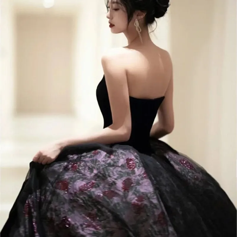 Black Long Dress Female Light Luxury Minority Tube Top Host Art Exam Sense