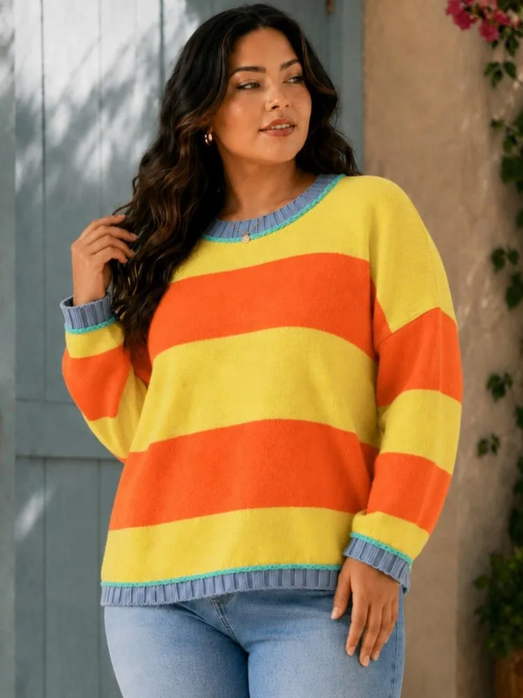 Plus Size Women's Fashionable Solid Color 0XL-4XL Sweater Pullover Tops Women's Cross O-Neck Long Sleeved Pullover Sweater