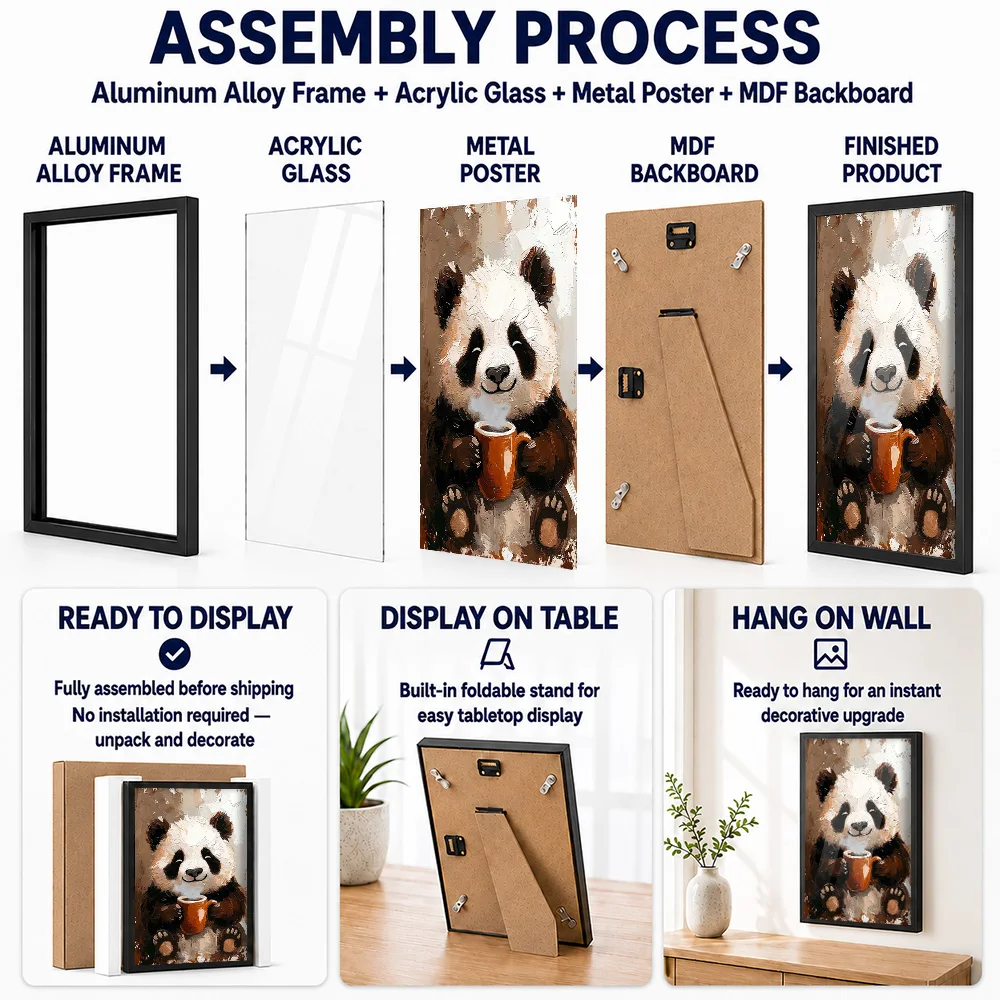 Panda Enjoying Coffee Framed Aluminum Metal Poster Customized Photo Minimalist Bistro Style Wall Art For Home Office Host Gift