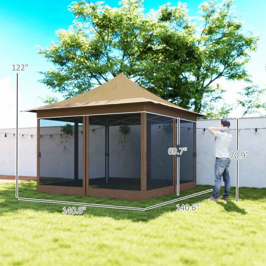 12' x 12' Canopy Tent with Mesh Netting UPF50+ Pop Up Tent with Carry Bag for Garden Patio Beige