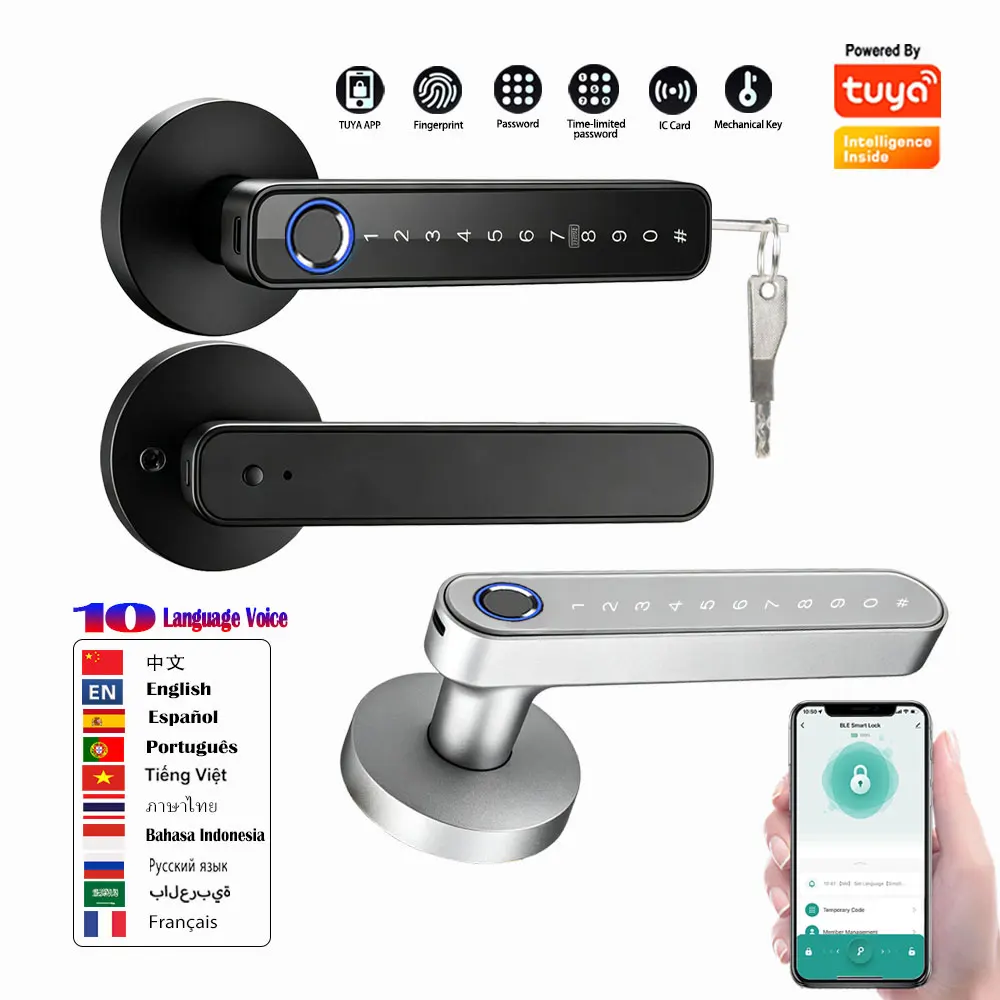 Tuya App Fingerprint Electronic Smart Lock Handle with Password Key Card Access Handle Lock for Home Room Security