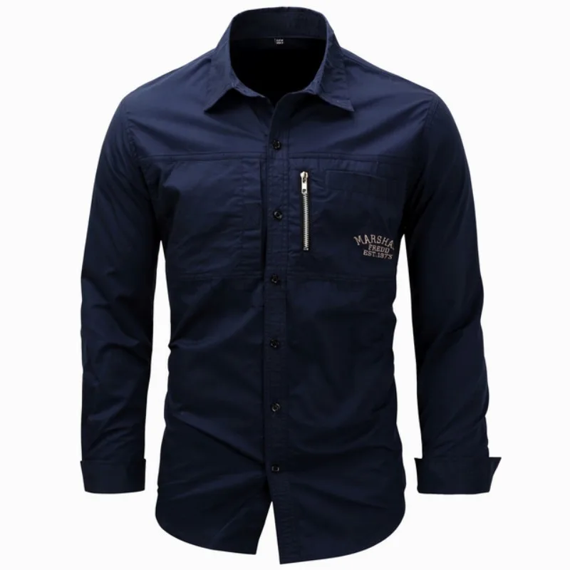 European Size Men's Shirt Cotton Multi-Pocket Button Up Green Navy Cargo Shirt Long Sleeve Button Down Hiking Fishing Work Shirt