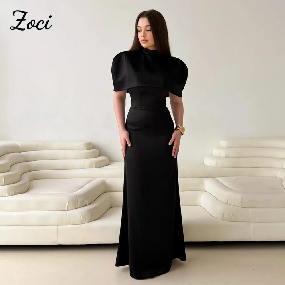 Sukienka wieczorowa Zoci, formalna, satynowa, z wysokim dekoltem, rękawami 3/4, krój syreny, na kolację, bankiet, czarna sukienka dla gości weselnych, szyta na miarę.