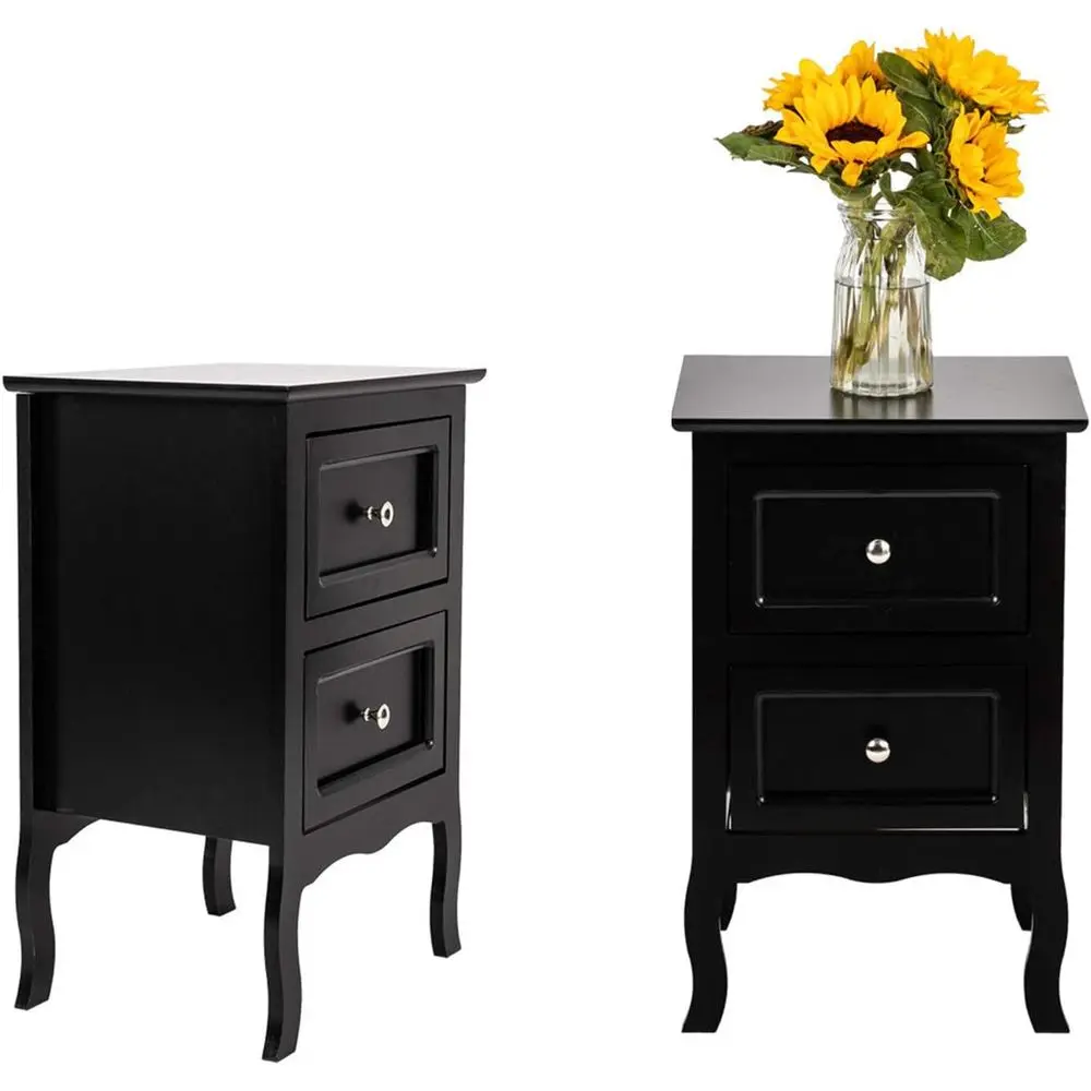 

Pair of Country-Style Wooden Nightstands with Drawers for Bedroom or Living Room, Black