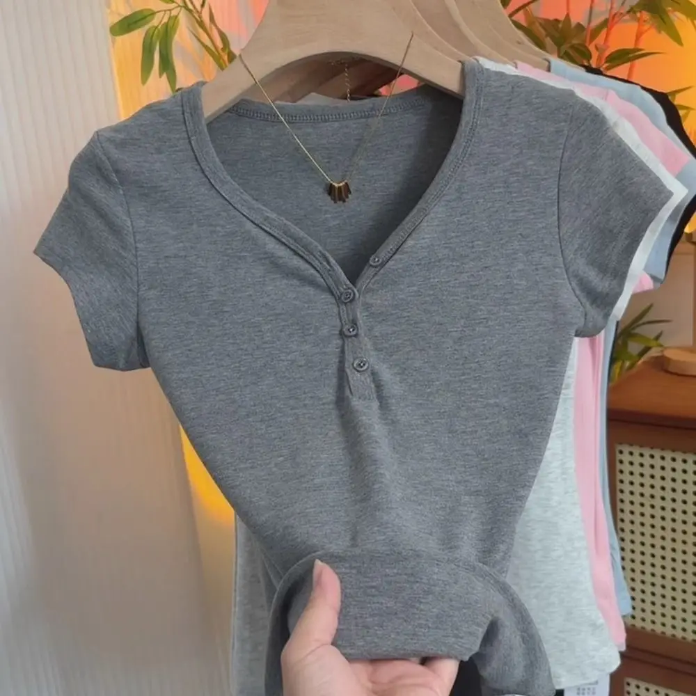 الكورية نمط سليم صالح تي شيرتات قصيرة الاكمام زر بلون المحاصيل الأعلى المرأة شيك بسيط الخامس الرقبة تيز الفتيات #3