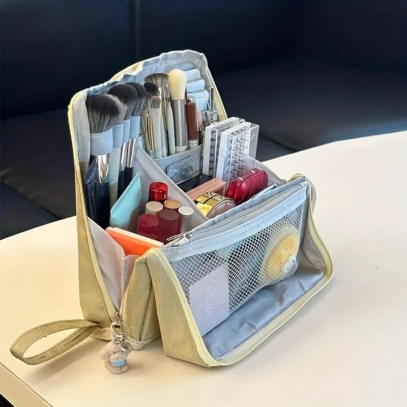 Large-Capacity Cosmetic&Stationery Organizer Bag Multifunctional Portable Multi-Layer Beauty Cosmetic Bag with Mesh Compartments