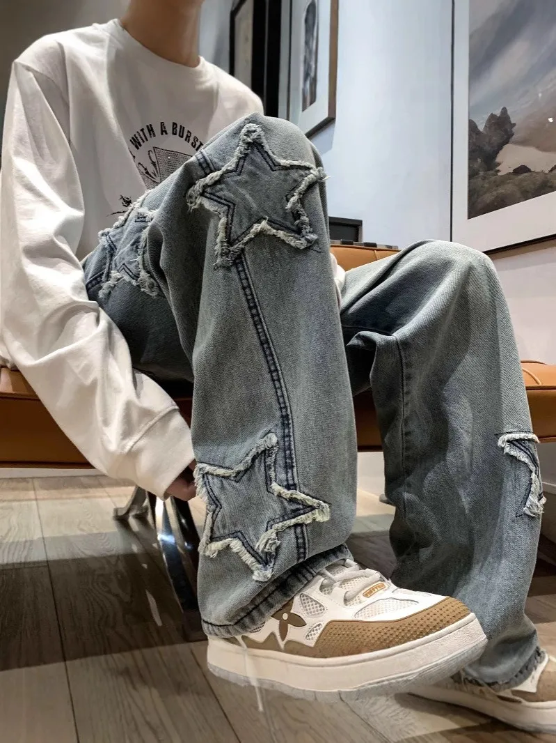 

Spring Men's Clothing Baggy Y2K Streetwear Vintage Flared Jeans For Teen Boys Denim Cotton Five Point Star Embellished Design
