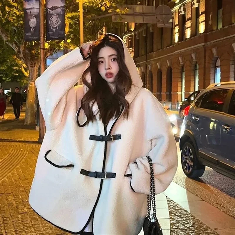 Hooded Lamb White Early Winter Coat Women's Korean Version Loose Fashion Versatile 2023 New Coat Thickened Top Commuter P252