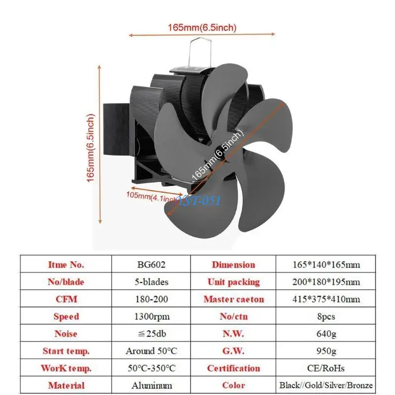 E15A 5 شفرات مطورة تعمل بالطاقة الحرارية مروحة مدفأة هادئة وفعالة لسجل الخشب بيليه صديقة للبيئة تدفق هواء أكبر BG602 #6