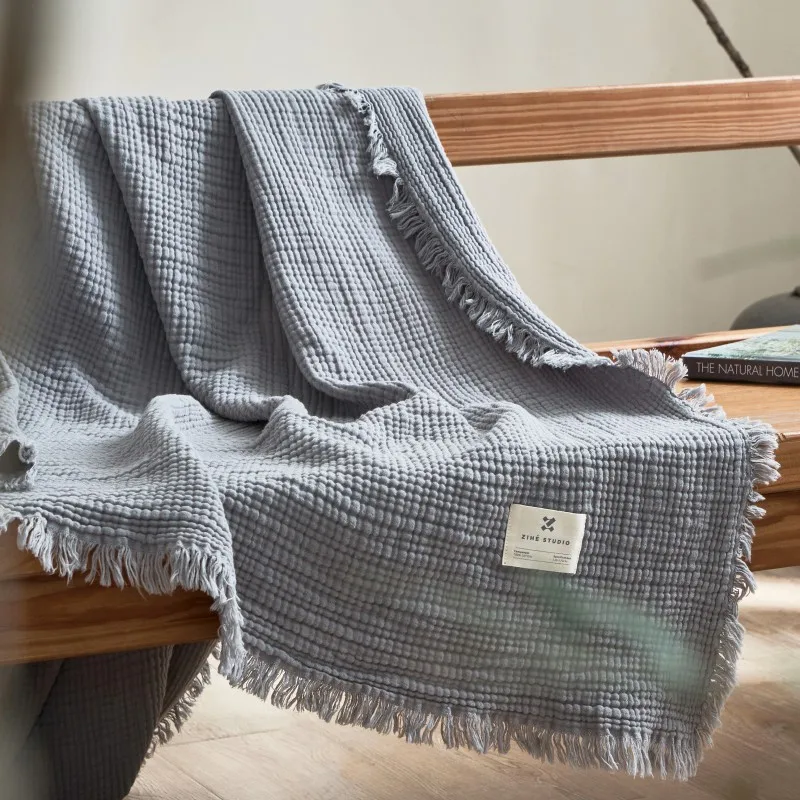 A Class 100 Percent Cotton Four Layer Gauze Tassel Blanket Retro Sofa Bed Throw Office Travel All Season Cozy Home Decor