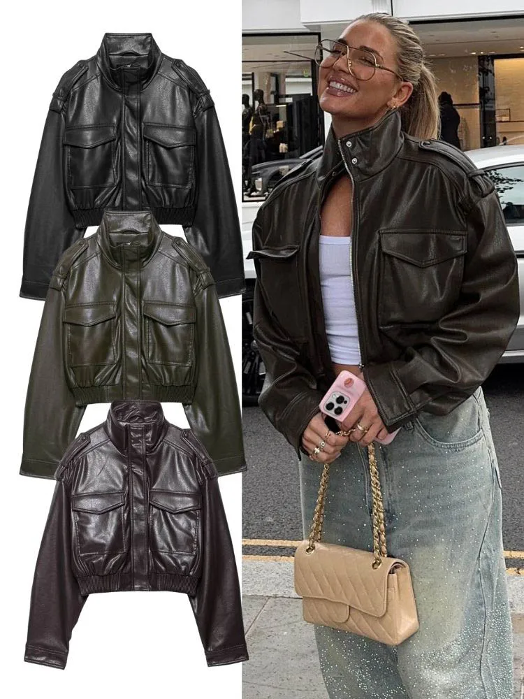 

HH винтажная женская укороченная куртка из искусственной кожи 202, женская осенняя куртка с отложным воротником и длинными рукавами на молнии, женская уличная одежда