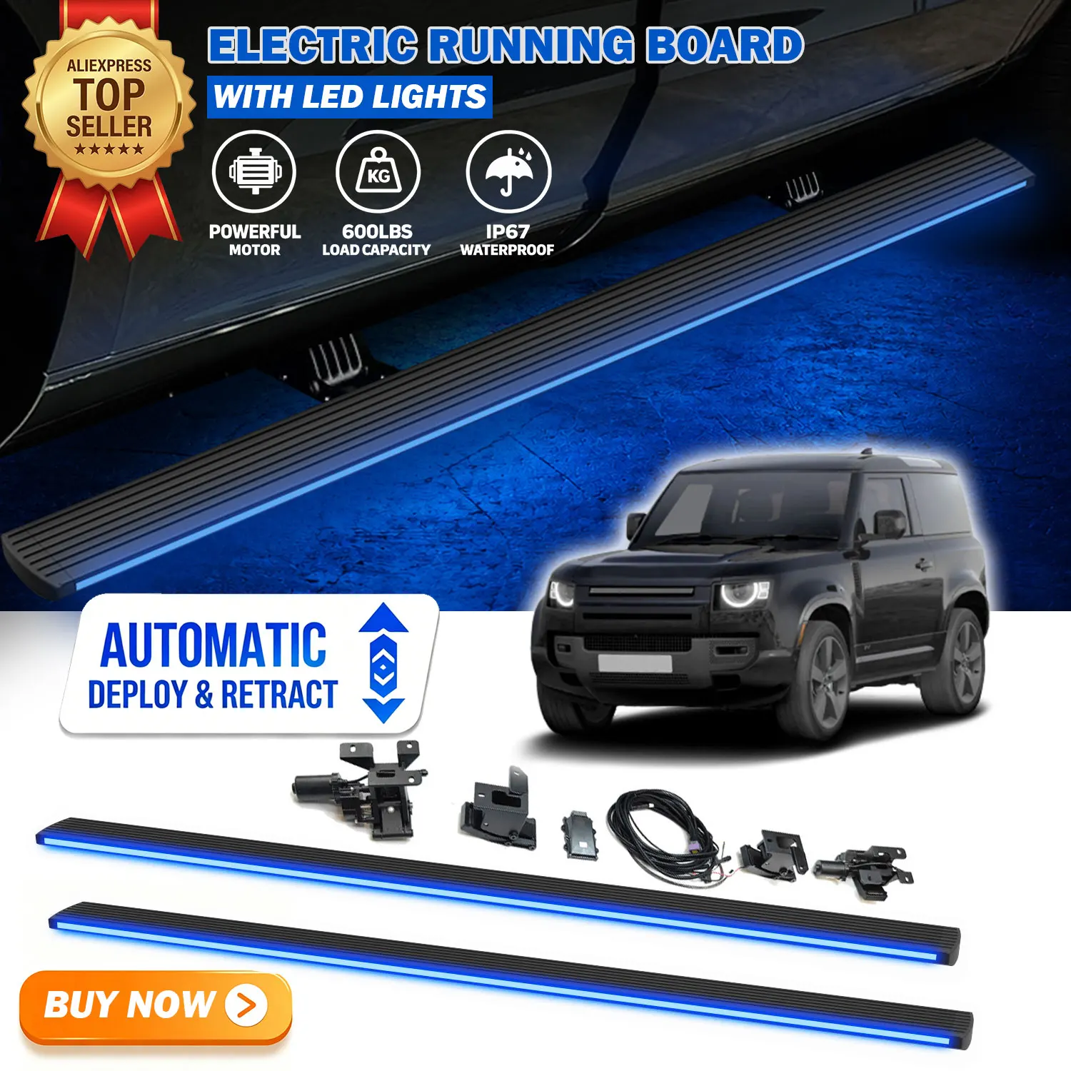 Fits For LR Land Rover Defender 90 2020-2022 Deployable Power Electric Running Boards with LED Light Strips Side Step Nerf Bars