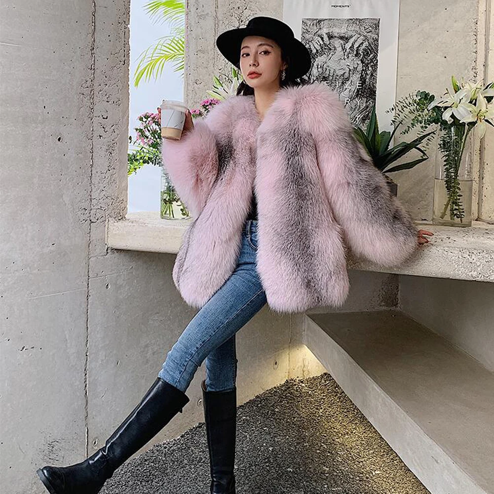 Denny&Dora Winter Women Fox Fur Overcoat Mid-Length Fox Fur Coat Natural Real Fox Fur Coat Pink Color