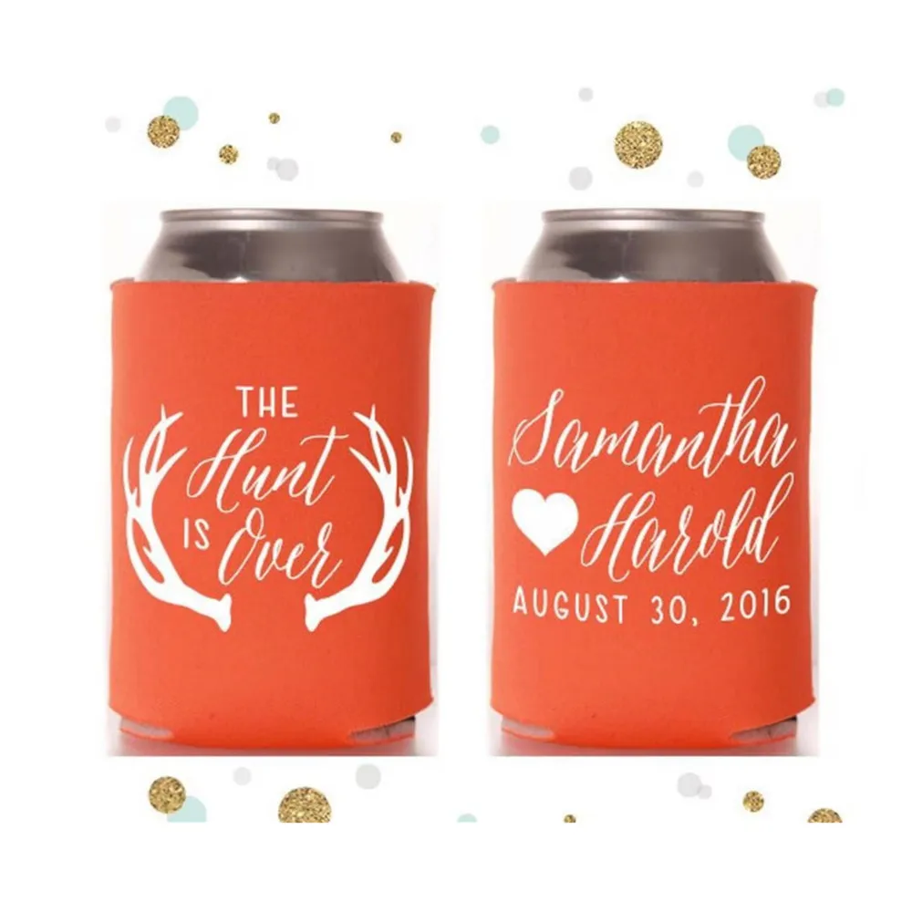 

The Hunt is Over - Wedding Can Cooler #16R - Personalized and Custom - Antlers - Bridal Wedding Favors, Beverage Insulators, Bee