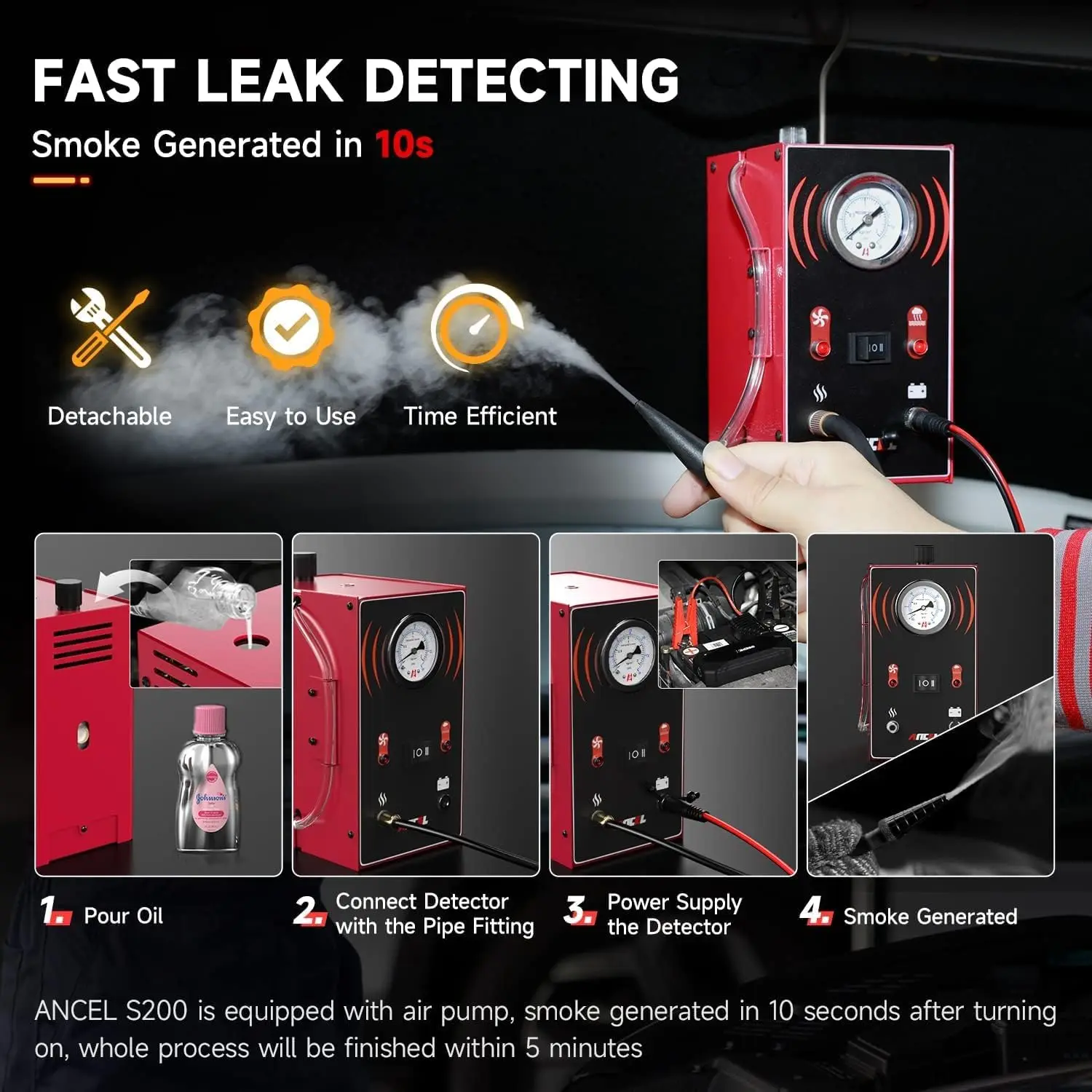 ANCEL S200 EVAP كاشف تسرب الدخان لسيارة دراجة نارية آلة لصنع الدخان أداة تشخيصية فراغ تستر أنابيب الوقود النفط تسرب محدد