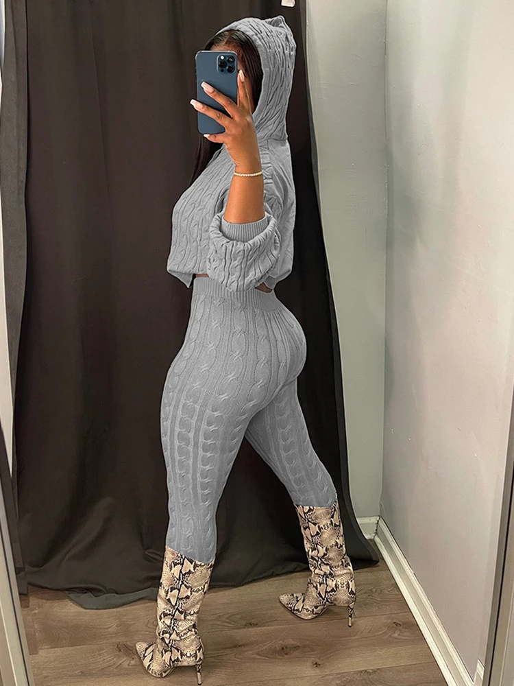 2PCS Long Sleeve Cable Knit Hooded Sweater & Pants Set