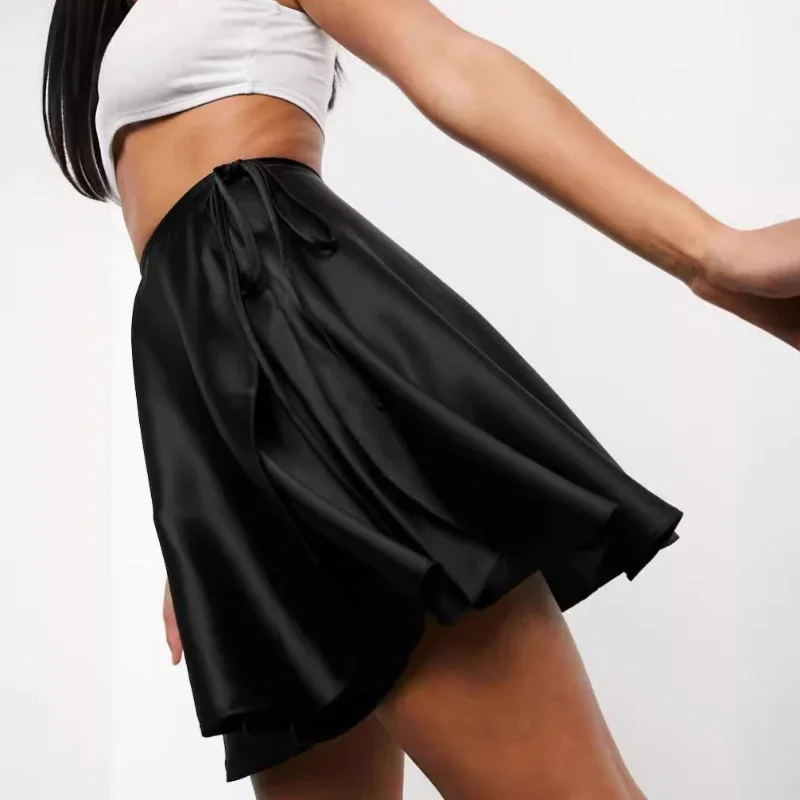 Summer Satin High-Waisted A-Line Skirt for Women Lace-Up Elegant Mini Skirt Solid Color Green Luxurious Short Skirt