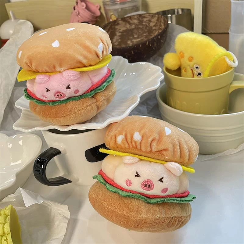 Cute Hamburger Pig Plush Doll Toys Keychain Pendant Creative Funny Backpack Ornaments Bag Decoration Couple Accessory Girl Gifts