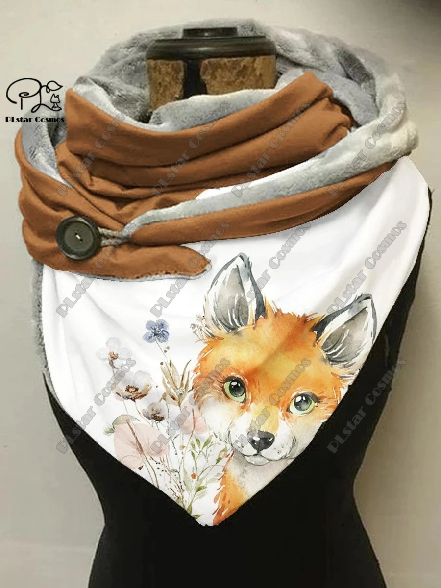 

PLstar Cosmos 3D printed animal series cute fox pattern printed warm shawl scarf spring and winter small triangle scarf H-1