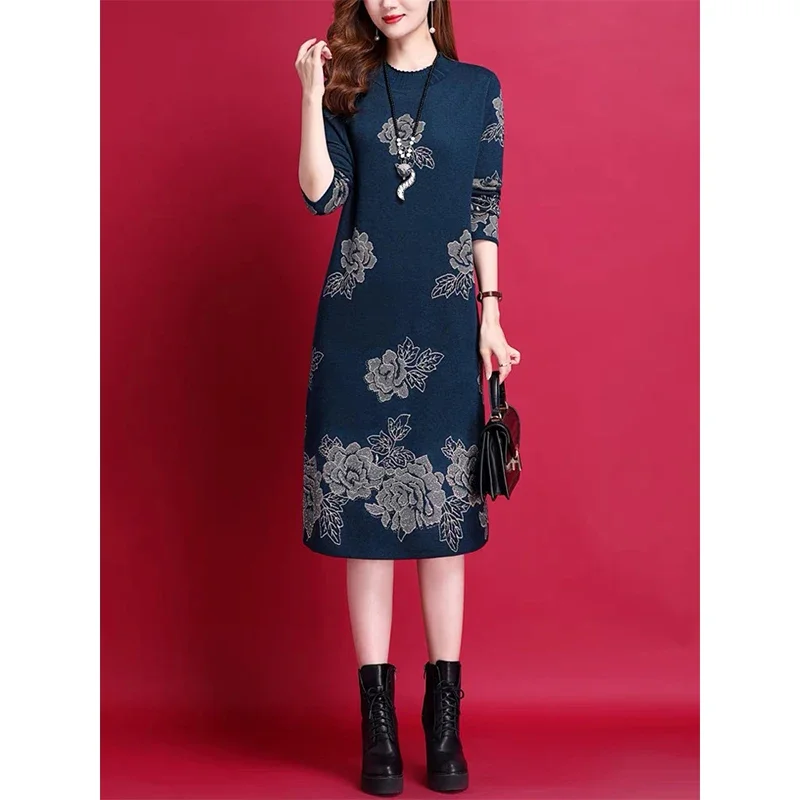 Women Winter Wool Dress Office Lady Retro Fashion Flower Jacquard Knitter Mid Length Dresses Female Sweater Tunics