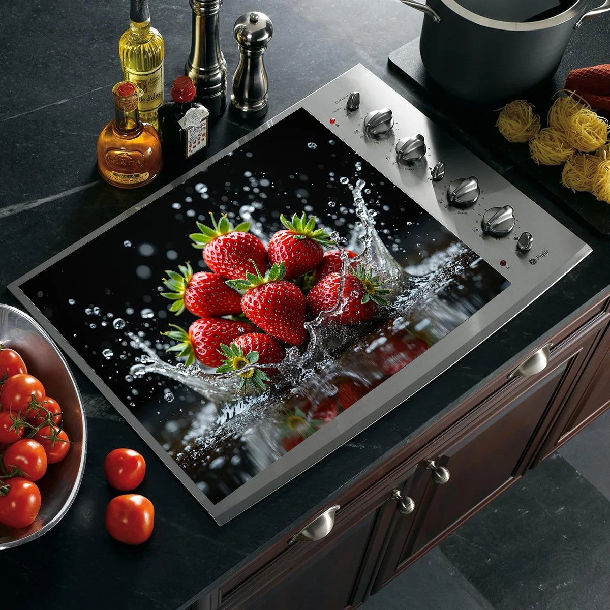 1pc 2D Printed Stove Cover, Strawberry Splash on Black Pattern, Heat-Resistant Protective Mat, 1pc
