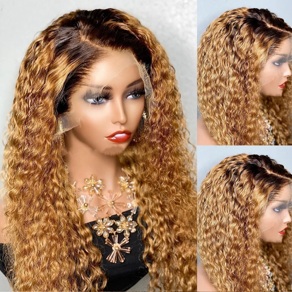 Perruque Lace Front Wig crépue bouclée longue, 26 pouces, pre-plucked, douce, ombré, blond miel, densité 180%, 1B27, document