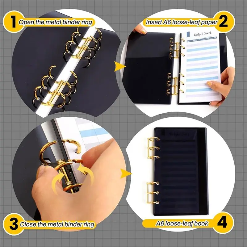 AU61-A6 Binder Black Acrylic Notebook Cover For Office And Travel With Gold Metal Rings