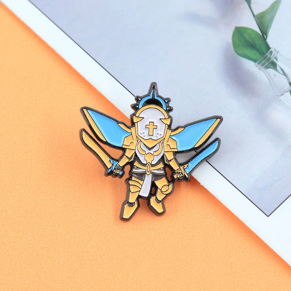 Cartoon Angel Knight Brooch Game Character Metal Badge Yellow Blue Color Mechanical Armor Enamel Pin Game Player Decorations