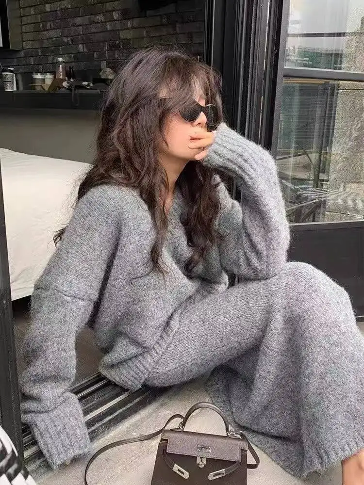 

Женские вязаные юбки, комплект 2022, осенне-зимний свитер, юбки, комплект с v-образным вырезом, вязаный топ и женский наряд-русалка из двух предметов