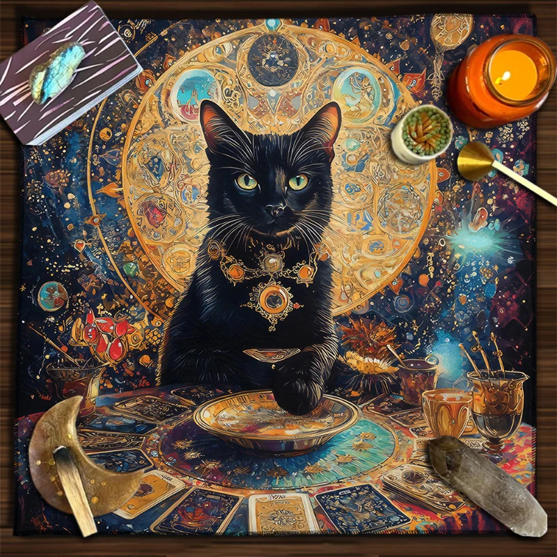 Black Cat Pentacle Wheel Of The Year Tarot Altar Cloth Divination Spread Mat Witchcraft Astrology Wiccan Home Decor