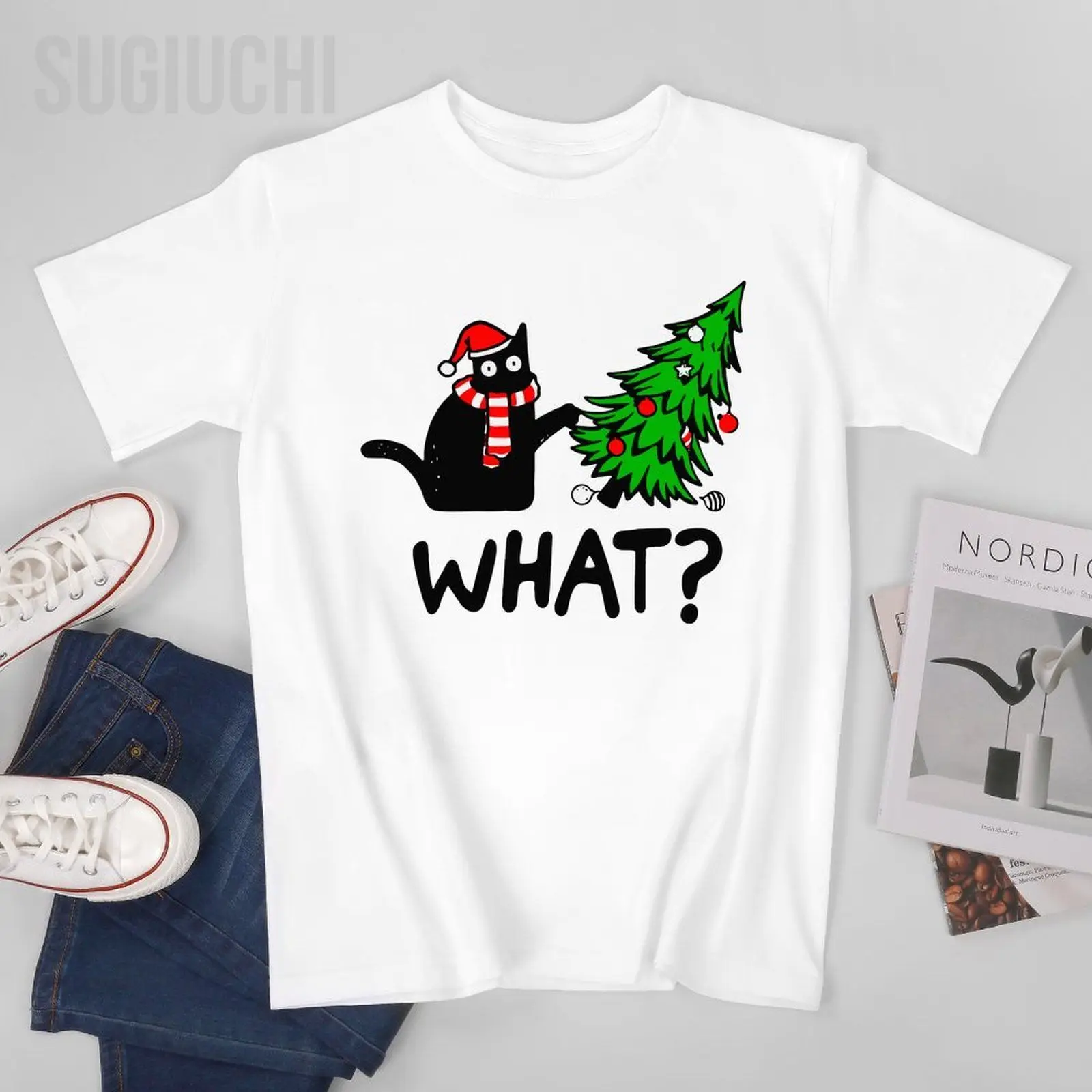 Unisex Men Funny Black Cat Gift Pushing Christmas Tree Over Cat What Tshirt Tees T Shirts Women Boys 100% Cotton T-Shirt