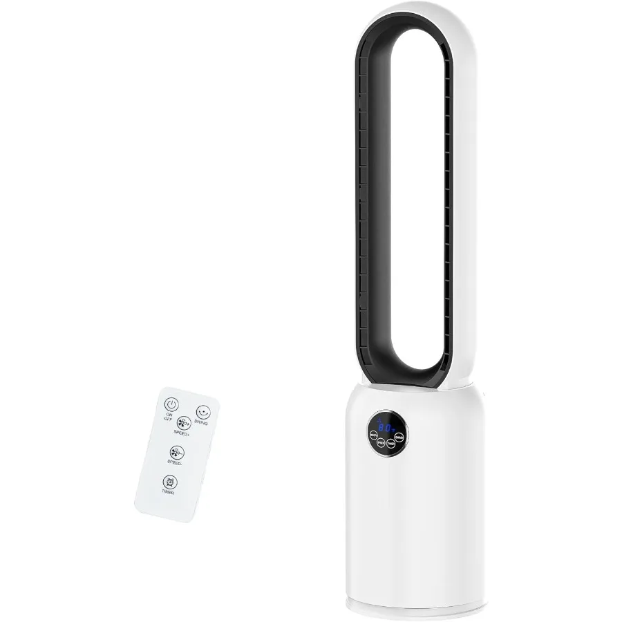 مروحة برجية خالية من الشفرة مع مروحة تبريد دائرية هواء عن بعد للاستخدام الداخلي، 24 إعدادًا للسرعة، 12 مؤقتًا، مروحة متأرجحة هادئة