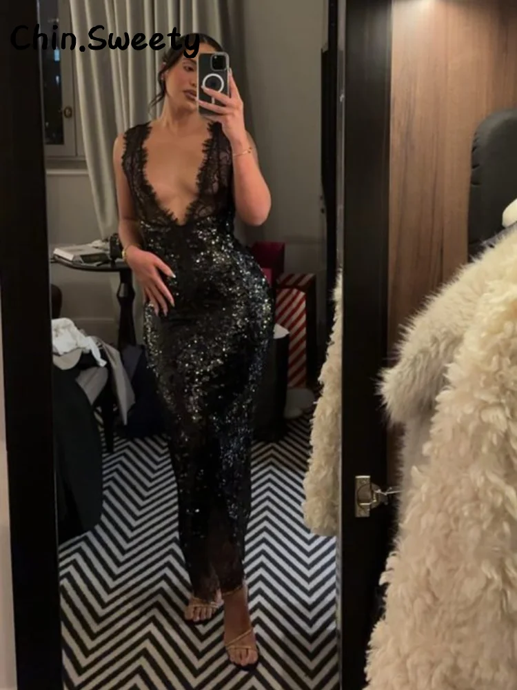 مثير العميق الخامس الرقبة الدانتيل تقسم الترتر فستان طويل المرأة بلا أكمام عارية الذراعين الورك حزمة فساتين ضئيلة 2025 الخريف سيدة رداء حفلات #2