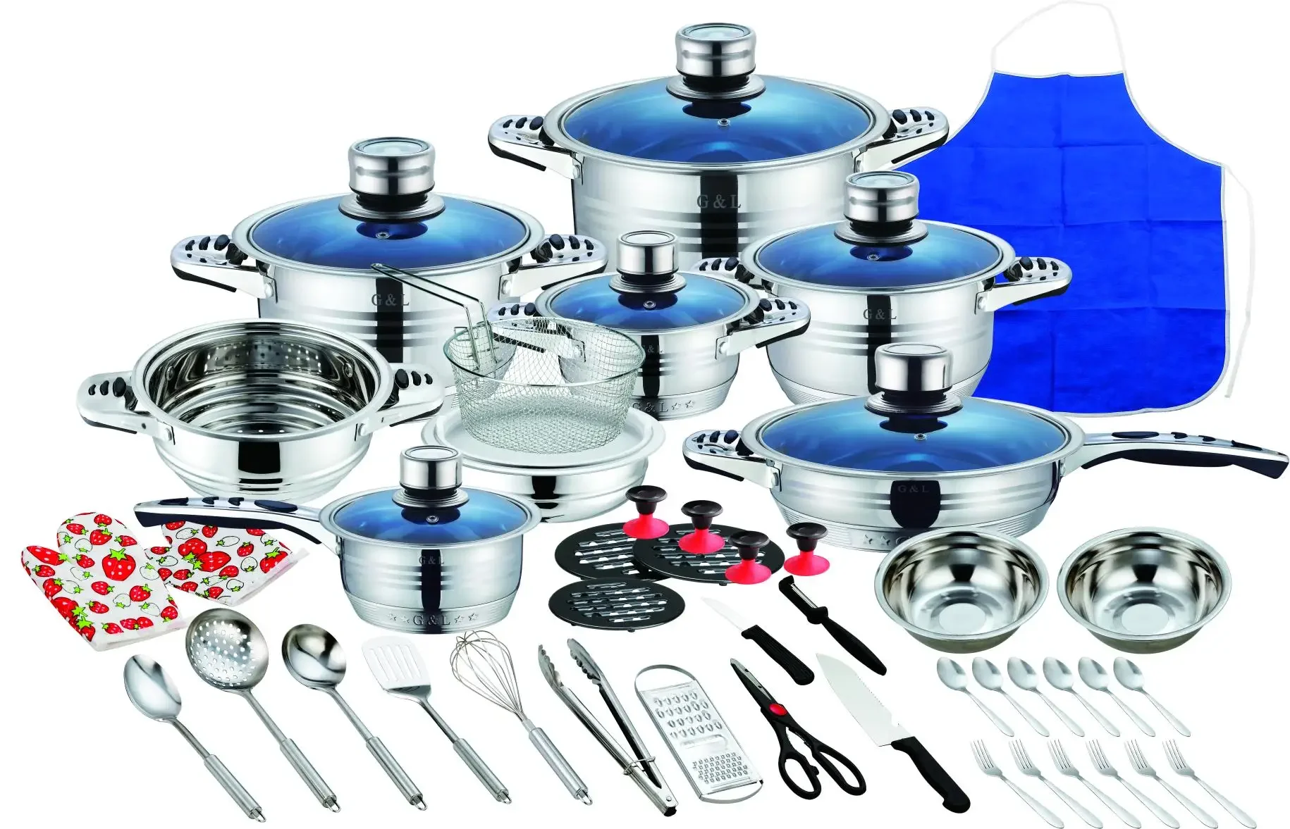 Gran oferta, utensilios de cocina alemanes de 52 Uds., utensilios de cocina de inducción de acero inoxidable, olla de cocina con termómetro, tapa de vidrio azul