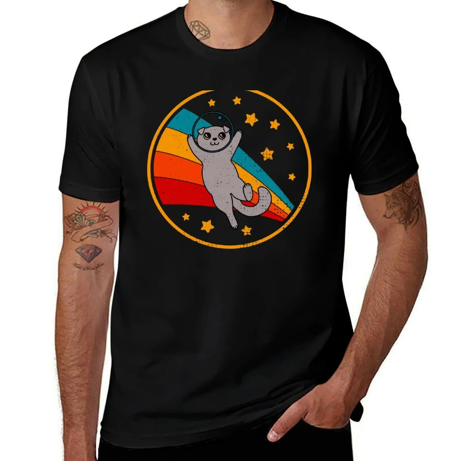 Cute Vintage Scottish Fold Cat Retro Space Cat T-Shirt Breathable Lightweight Summer Top