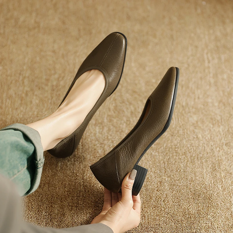 

2025 New Genuine Leather pumps Fashion Slip-On Spring Women's Shoes med-heel Square Toe Boat Shoes Handmade Size 34-41