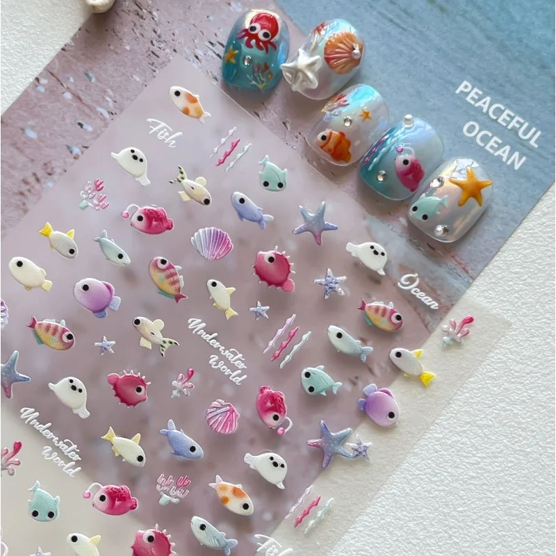 1PC Shell Fish Nail Stickers Cute 5D Fish Summer Nail Decoration Manicure Accessories 3D Self Adhesive Y2K Nail Art Stickers DIY