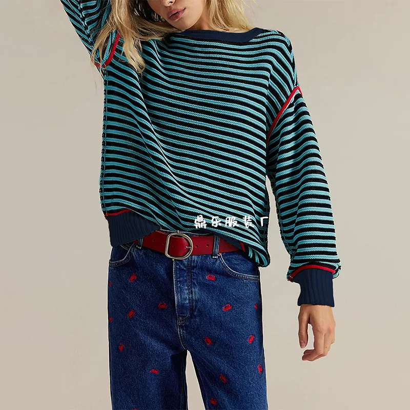 Fashion Knitted Striped Casual Women's Pullover Tops Autumn Winter Loose Patchwork Simple Versatile Pullover Sweater Ladies 2025